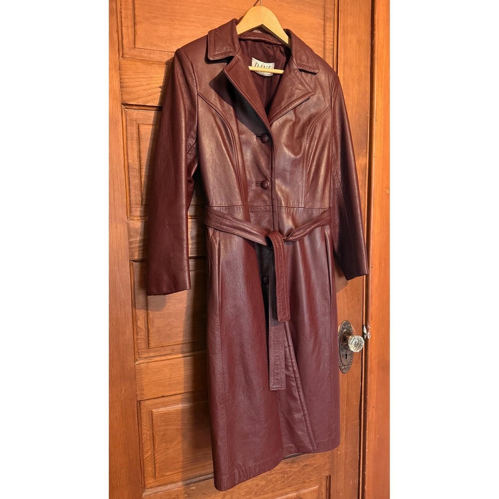 Dani Leather Trench Coat Burgundy- Vintage 1970s Long Belted Jacket, Made in USA